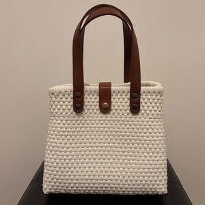 White Plastic Weave Bag with Faux Leather Handle Straps and Adjustable Strap